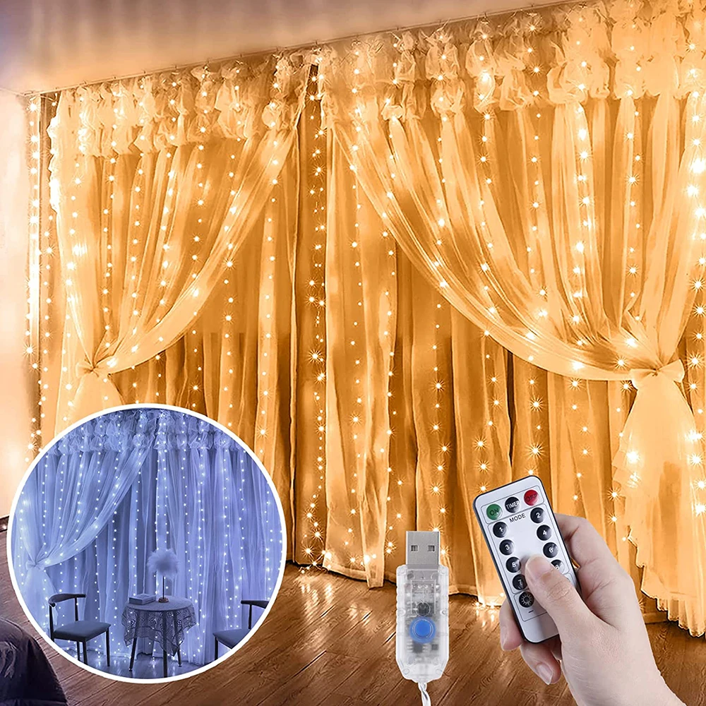 Curtain LED String Lights Christmas Decoration 3m Remote Control Holiday Wedding Fairy Garland Lights for Bedroom Outdoor Home