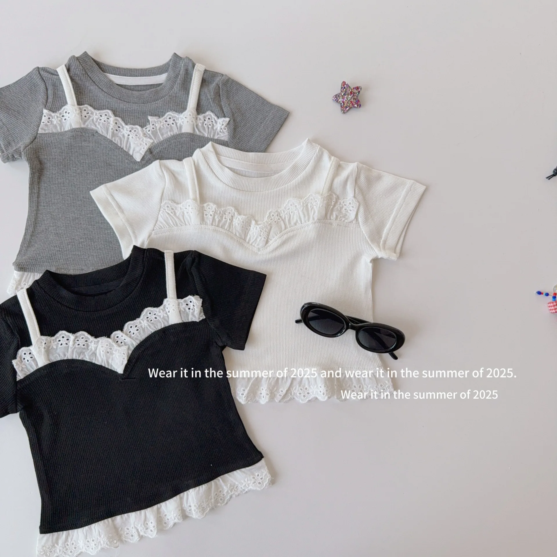 

Lace T-shirt 2025 Summer New Girls Korean Fashionable Simple Sweet Cute All-match Lace Short T-shirt