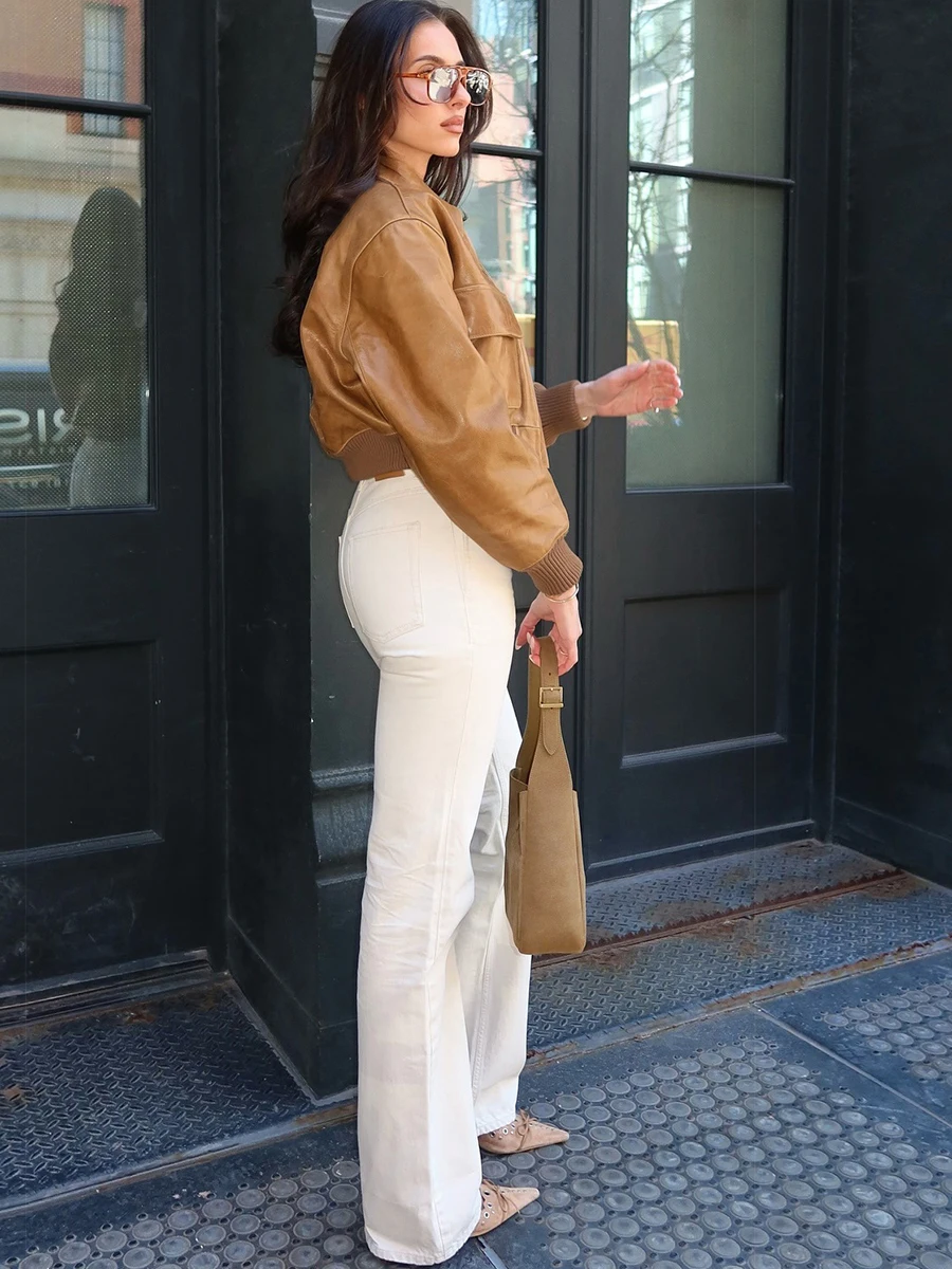 غريب سنور الرجعية الأمريكية الشارع Sle مبطن الجلود Jaet المرأة بارد تنوعا التخسيس الساخن فتاة أعلى ort ملابس خارجية #5