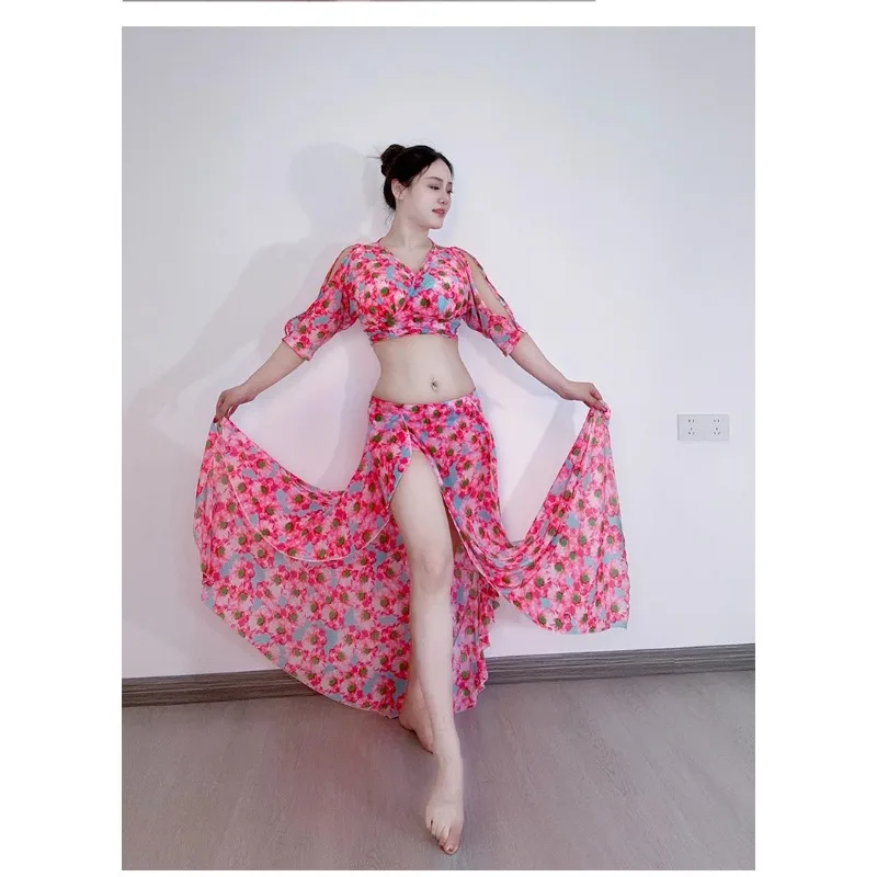 Traje de dança do ventre oriental personalizado, vestido de prática estampado, malha elegante, sexy, saia rabo de peixe ocidental, vestido de equipe de performance