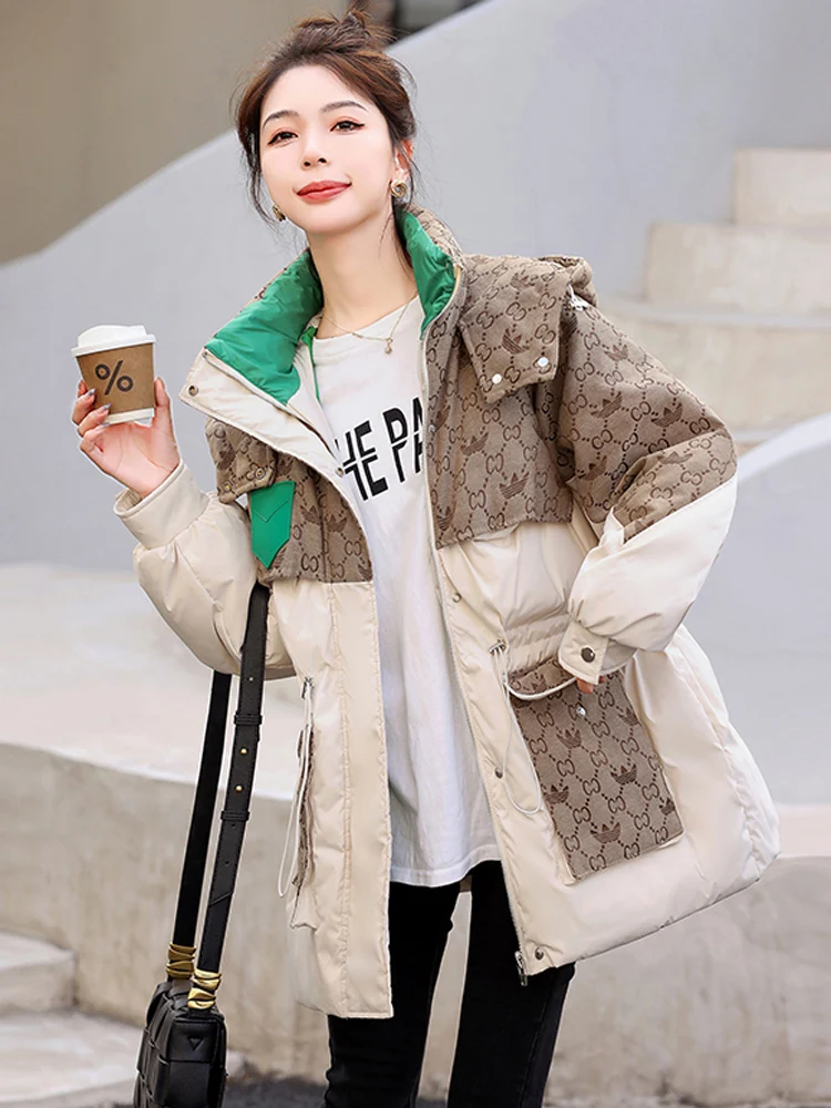 New Thicke Oversize Parker Down Jacket Women Winter Printed Letter Hooded Slim-Fit Fashion Casual White Duck Puffer Coat 2024