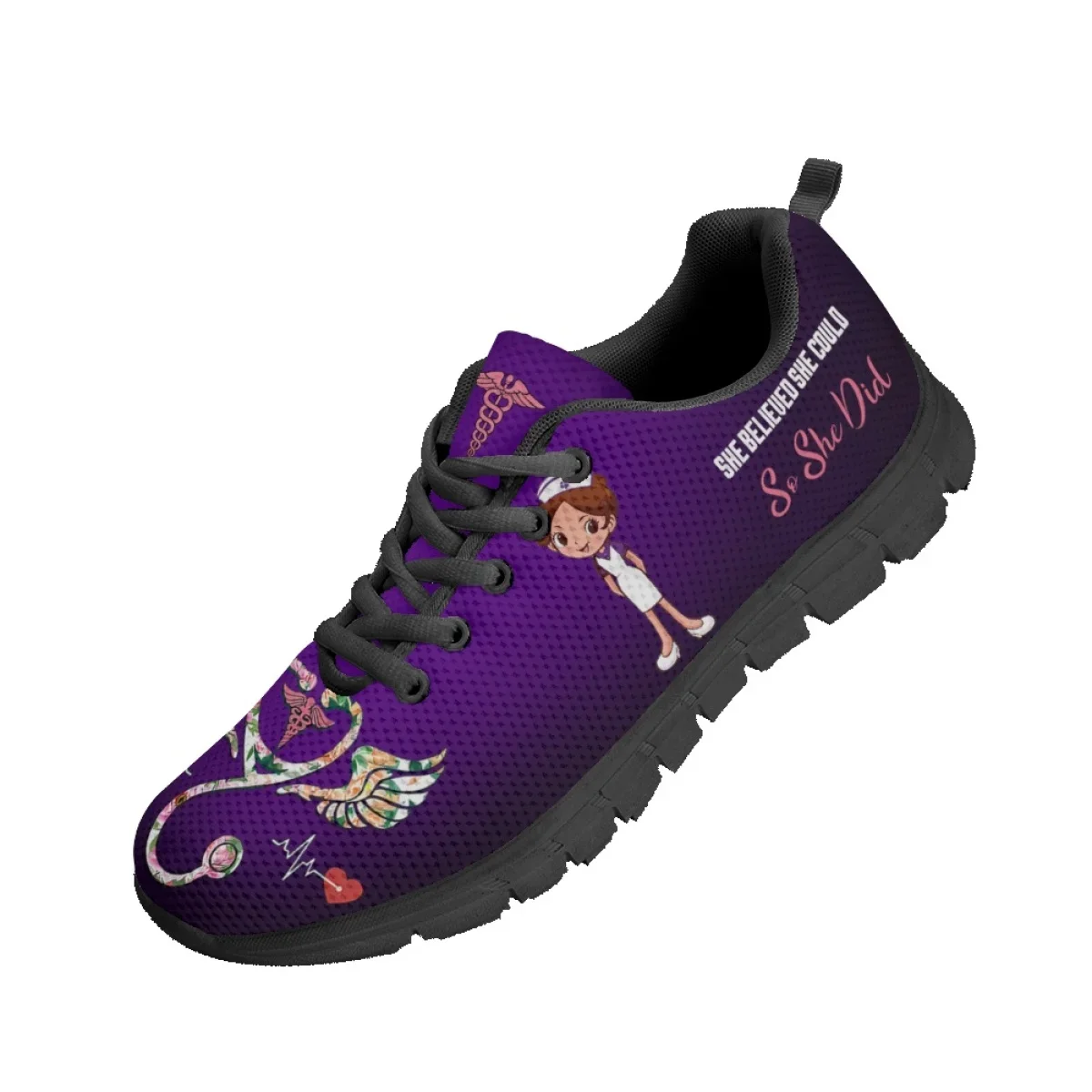 Kawaii Nurse Girls Medical Assistant Purple Pattern Lekkie płaskie buty dla kobiet Casual Nurse Sneakers Custom