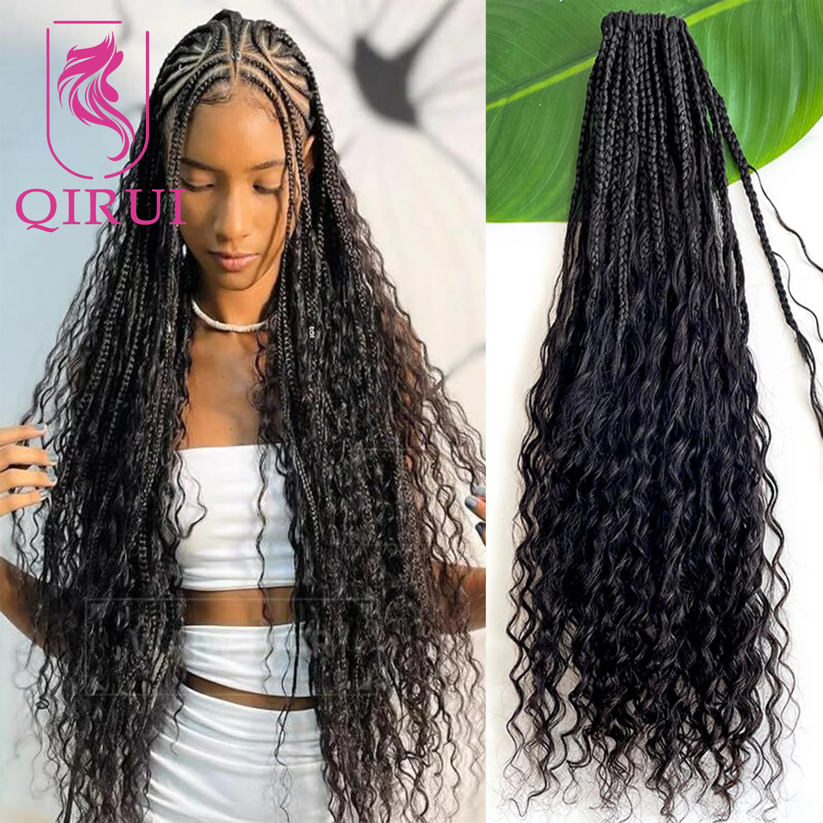 24Inch Crochet Boho Box Braids With Human Hair Curls Pre Looped Synthetic Braiding Hair Curly Full Ends Hair Extensions