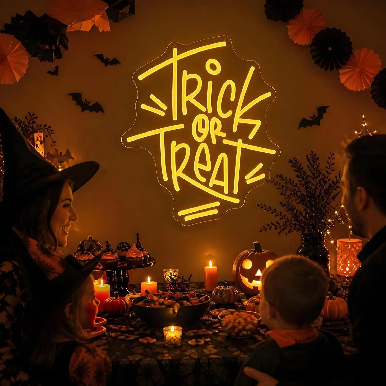 Trick Or Treat Neon Sign LED Neon Light USB Powered Wall Hanging Lamp Halloween Party Home Bar Bedroom Window Decoration Gift