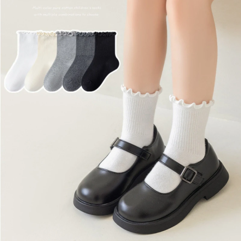 1 Pair Simplicity Korean Solid Color Calf Sock for Kid Fashion Ruffle Children's Calf Sock Spring Autumn Soft Cotton School Sock