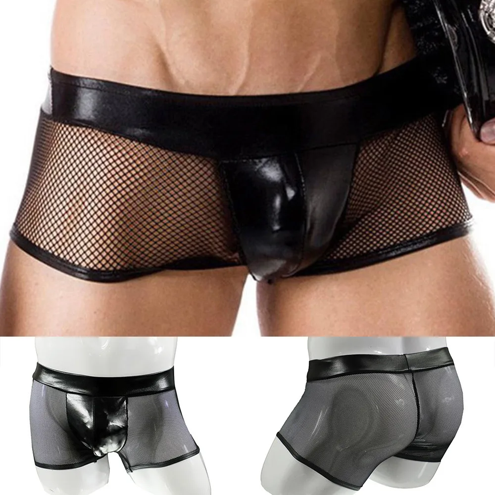Bóxer Sexy de piel sintética para hombre, ropa interior transpirable de malla negra, calzoncillos eróticos de tiro bajo para club nocturno