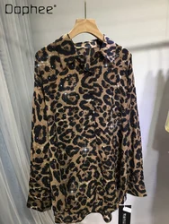 Fashion Hot Drilling Leopard-Print Long-Sleeved Shirt Women 2024 Spring and Summer Versatile Loose Mid-Length Slimming Cardigan