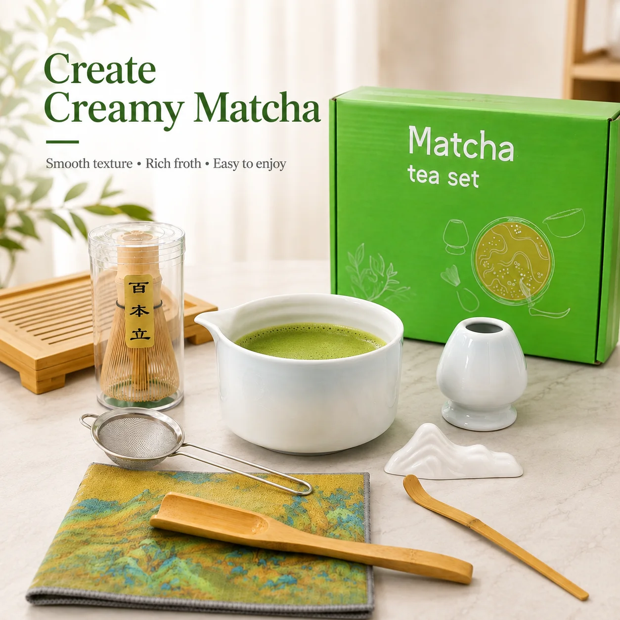 Set Completo per Matcha da 8 Pezzi Blu Sfumato con Ciotola in Ceramica, Frusta in Bambù, Supporto per Frusta, Colino, Cucchiaino per Matcha, Poggia-Cucchiaio e Panno da Tè, Kit Matcha in Stile