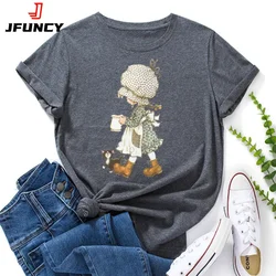 JFUNCY-camiseta gráfica estampada em desenho animado de manga curta feminina, camiseta de algodão feminino, tops verão, 2022, 2024