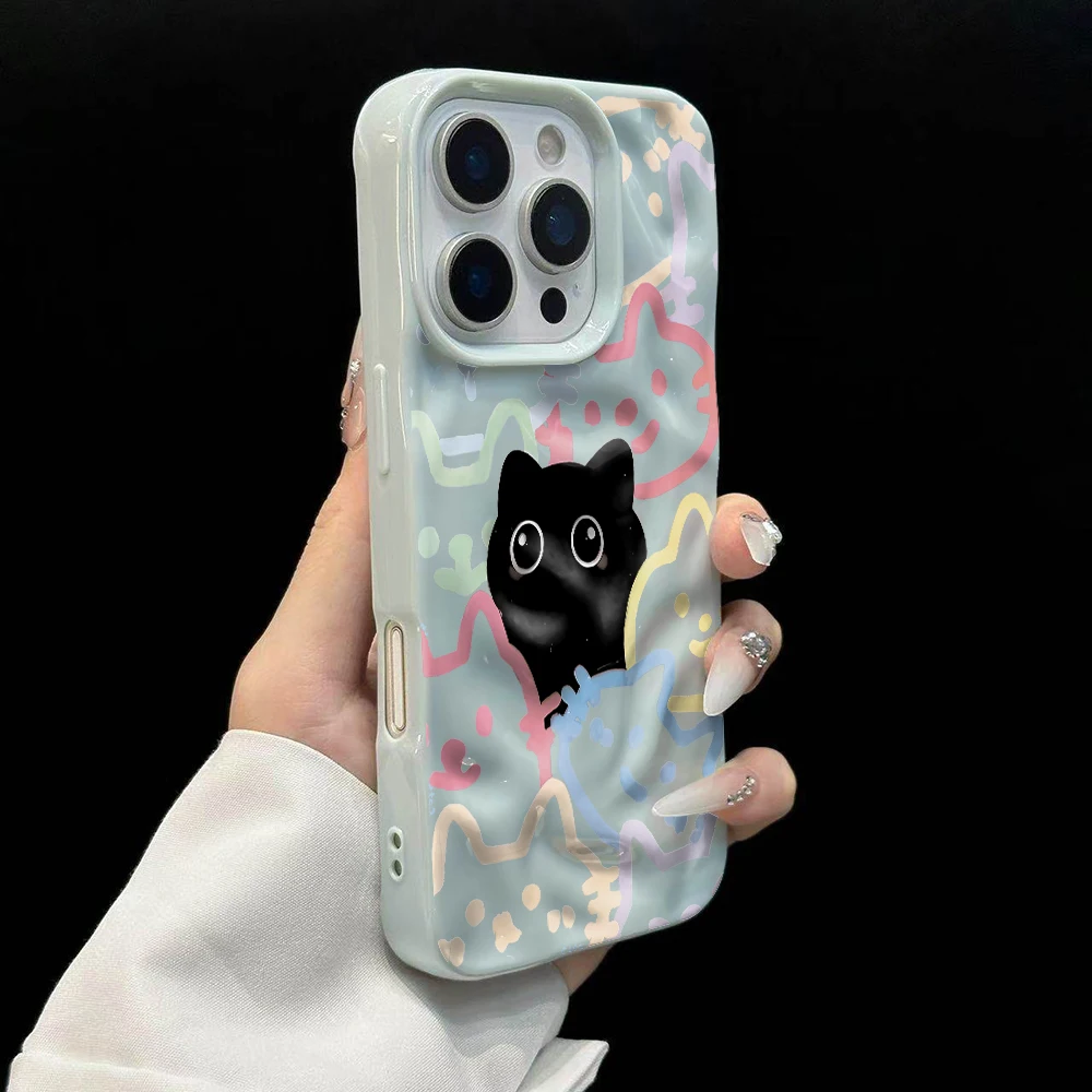 Koreanisches Katzen-Design, Niedliche Weiche Silikon-Handyhülle für iPhone 17 16 15 14 13 12 11 Pro Max 14 Plus 17Air, Falten-Wellen-Design – Detail 10