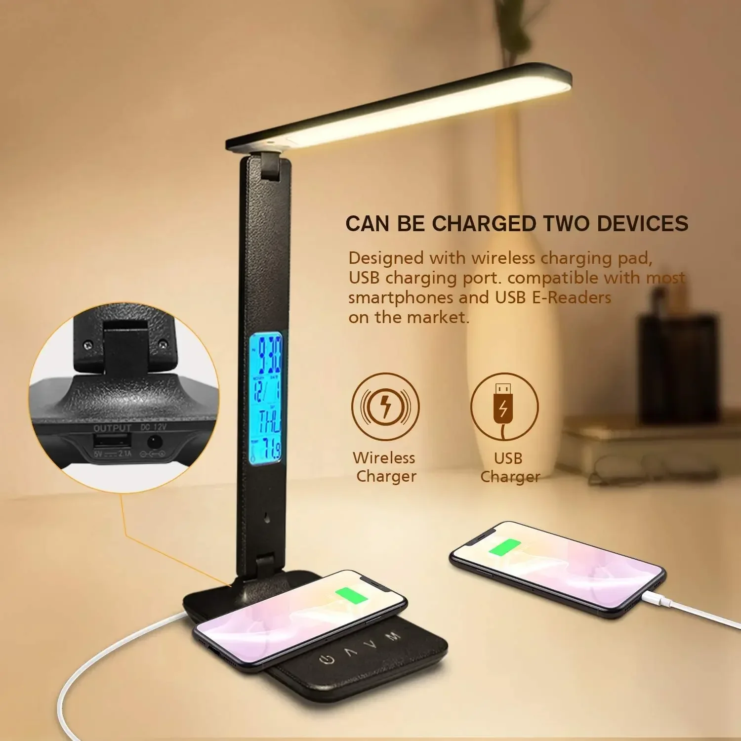 LAOPAO 10W QI Wireless Charging LED Desk Lamp USB Charging Port Sliding Dimmable Auto Timer with Night Light Table luminária