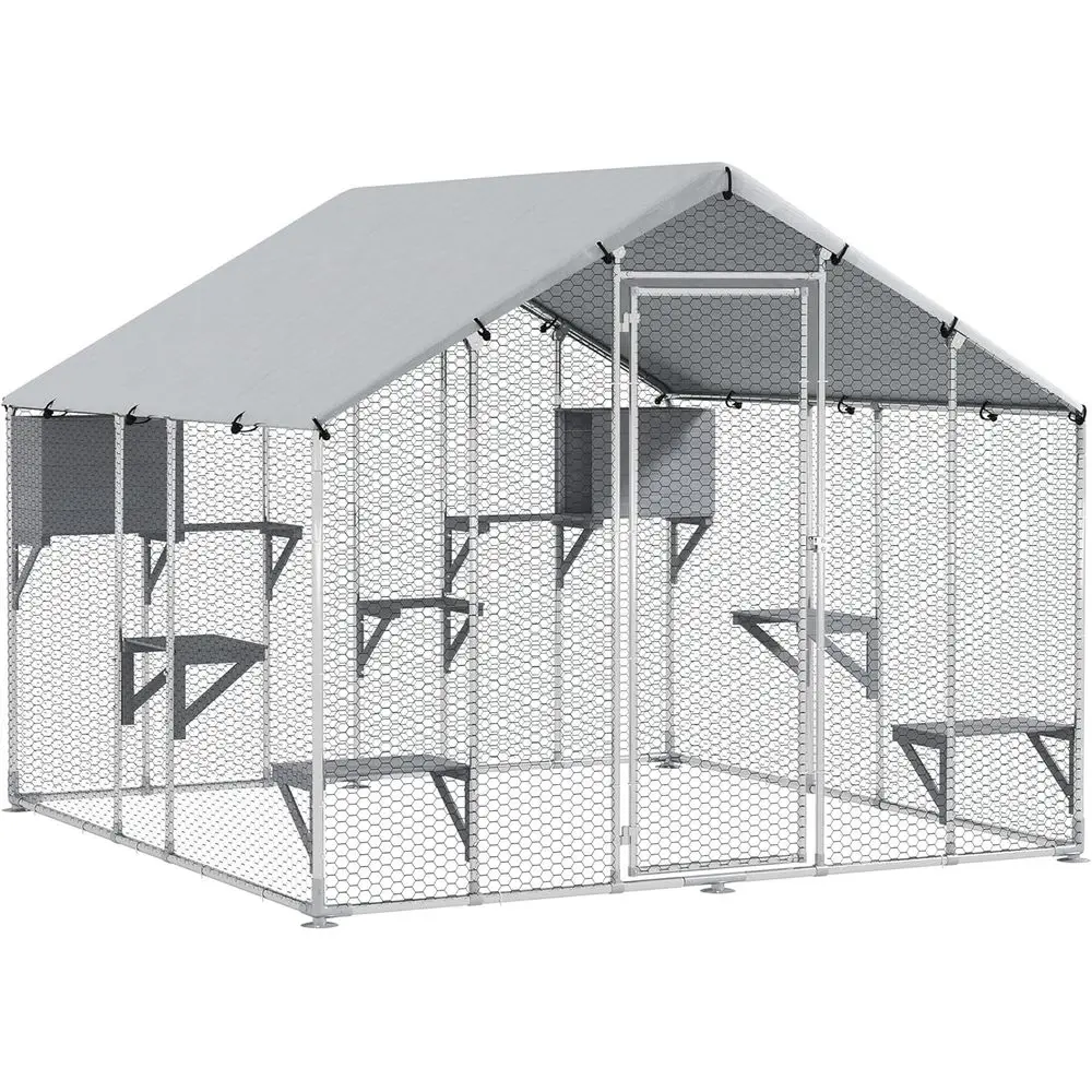 

Extra Large 94.5 Walk-in Cat House with Waterproof Cover, 2 Resting Boxes, 7 Jumping Platforms, Ideal for Multiple Cats, Chicken