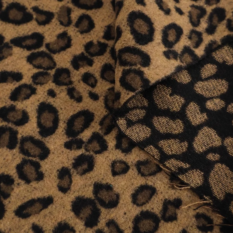 

Autumn Winter Taupe Leopard Print Long Wool Plush Trench Coat Sleek Fur Fabric