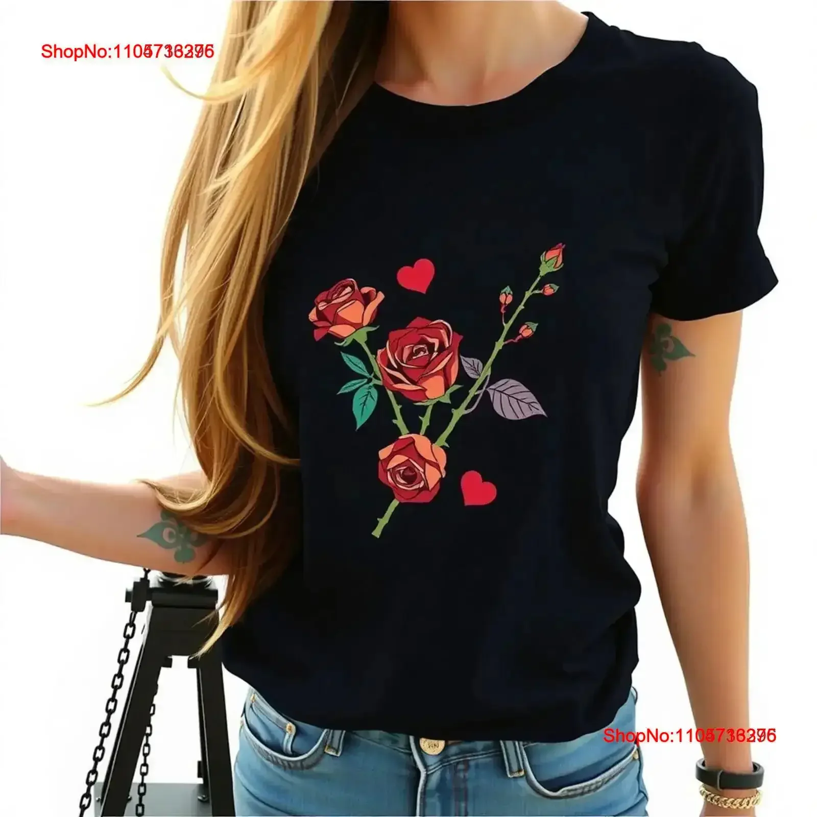 Stylish T Shirt with Red Roses Hearts Design Perfect for Casual Outings vintage Washed fashion Breathable Stretched vintage