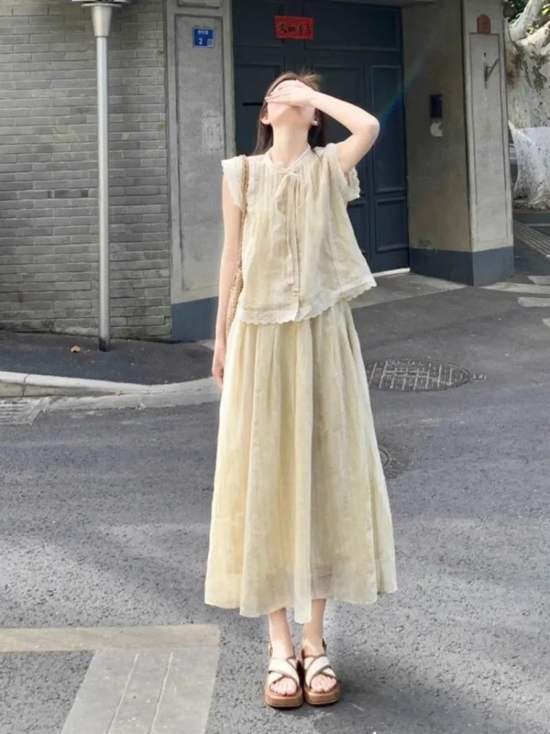 새로운 프랑스 패션 여름 여성 투피스 세트 우아한 레이스업 플라잉 슬리브 블라우스 탑 + 루즈핏 스커트 솔리드 컬러 아웃핏 소녀들을 위한 의상