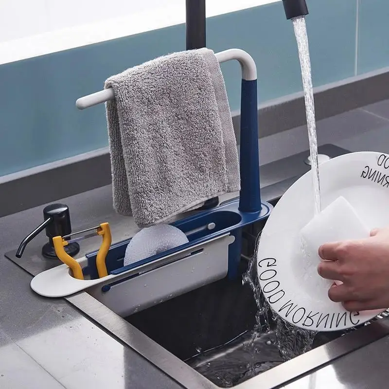 

Kitchen Drain Rack Telescopic Sink Shelf Sponge Brush Gadget Storage Rag Drying Filterable Storage Basket Kitchen Accessories