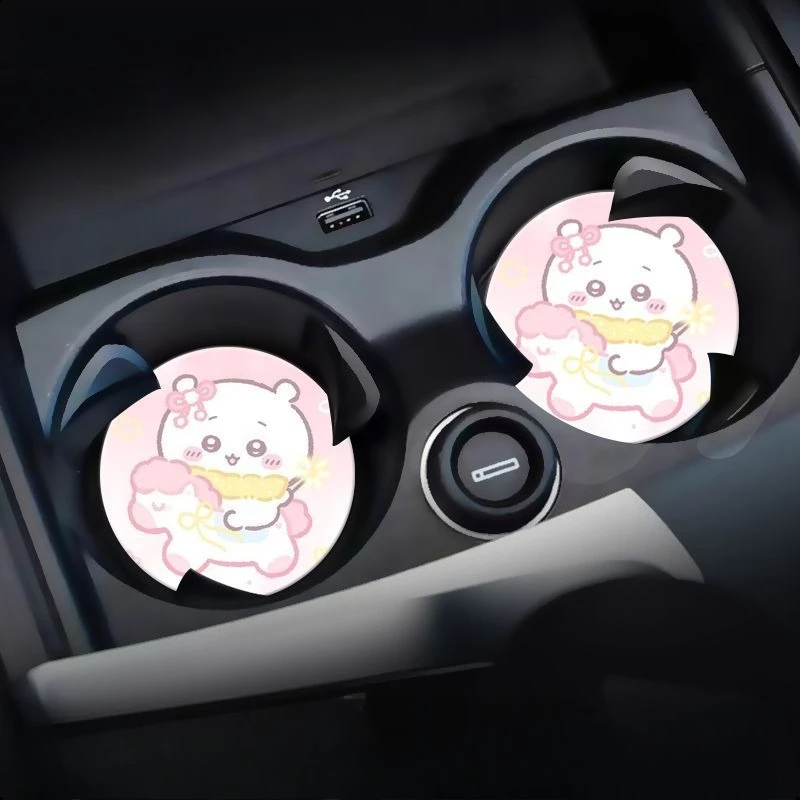 Anime Chiikawa Usagi Car Cup Holder Mat PU Material Thick Non Slip Waterproof Heat Insulation Wear Resistant Car Interior Decor
