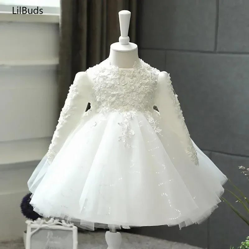 One Year Old Baby Birthday Princess Dress Flower Girl Wedding Kids Children High-End Long Sleeve White Spring Autumn Eid Clothes