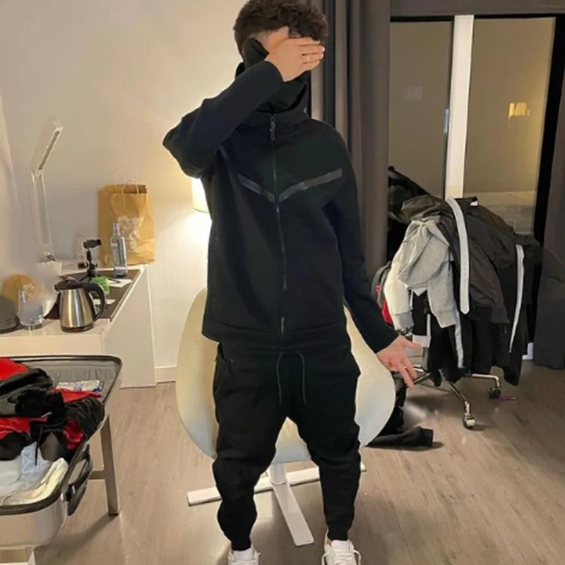 2024 New European and American Sports Set Men's Hoodie Fashion Casual Sports Zipper Coat Long Pants Set