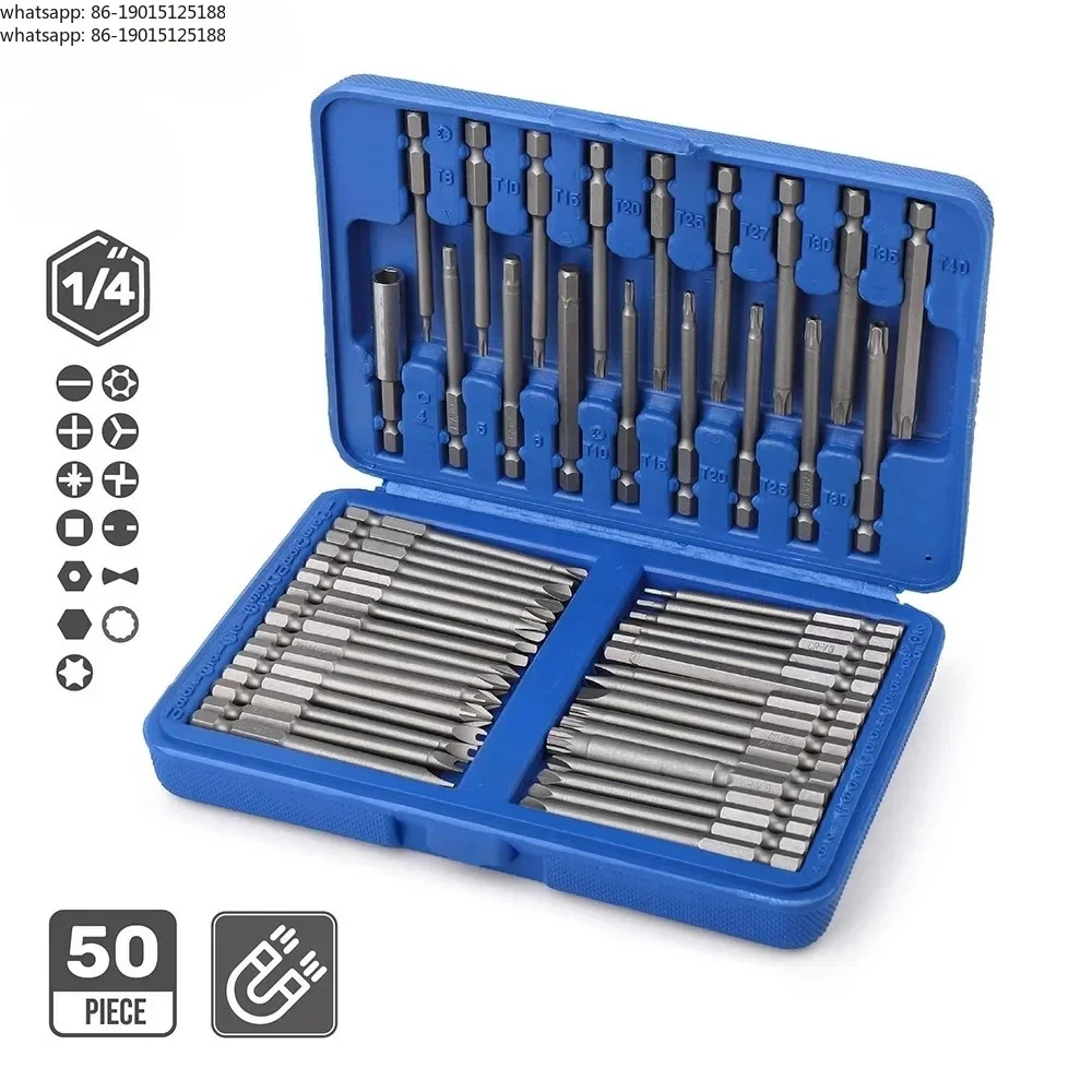 Suitable for hexagonal spline head kit with 50 extra long magnetic safety heads and 1/4 screwdriver head kit