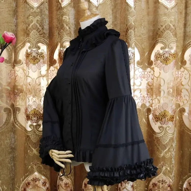 Gothic Lolita Blouses Vrouwen Zoete Elegante Kanten Ruches Coltrui Slanke Shirts Japanse Herfst Lange Mouw Tops
