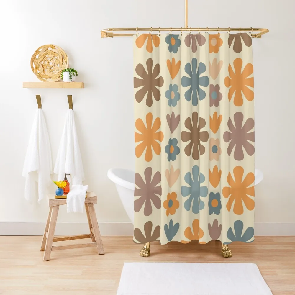 

Scandi Floral Grid Retro Flower Pattern in Muted Orange, Slate Blue, Brown, Taupe, and Beige Shower Curtain