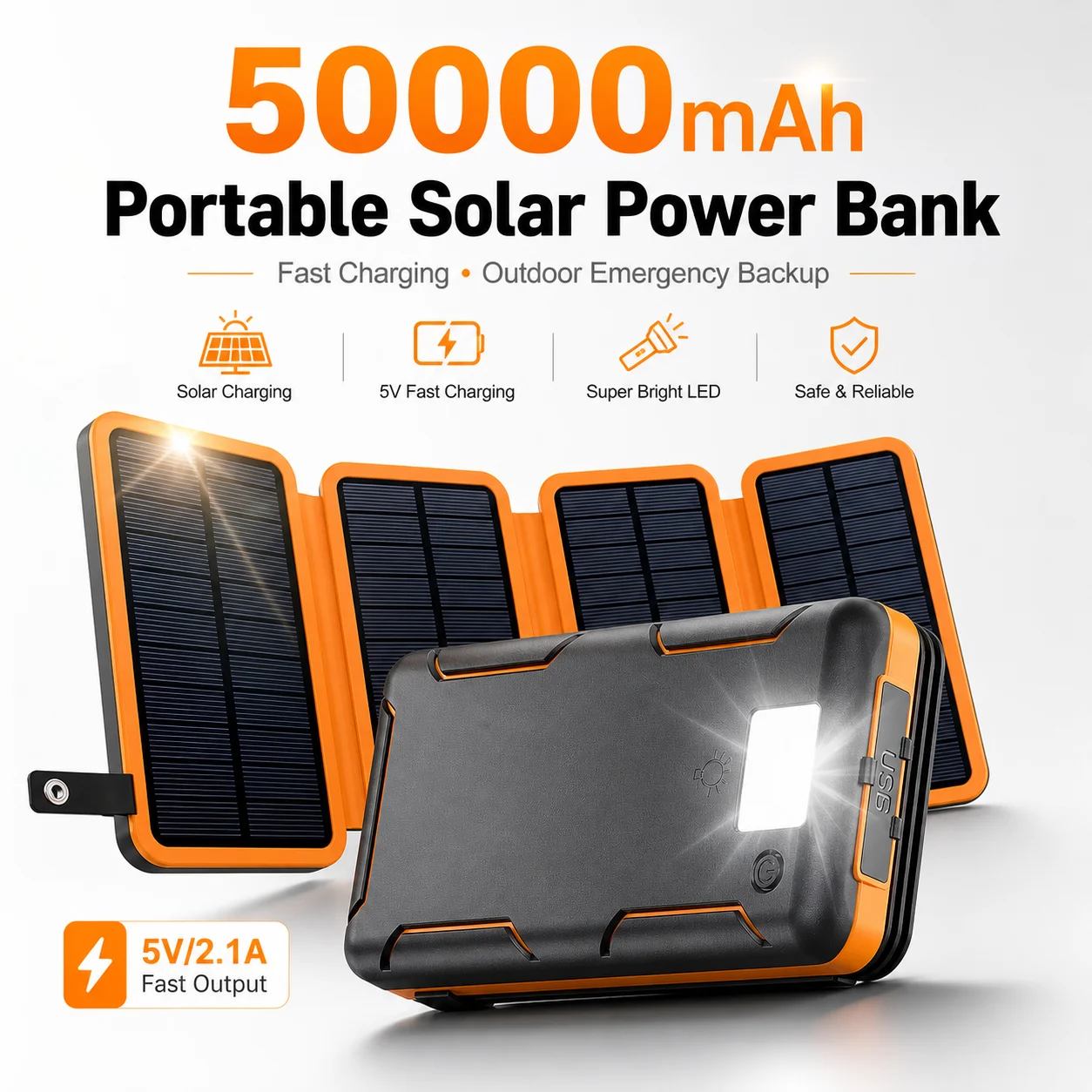 

50000mAh Solar Power Bank Portable Charger, Outdoor External Battery with 5W Wireless Charging, LED Flashlight for Camping Hikin