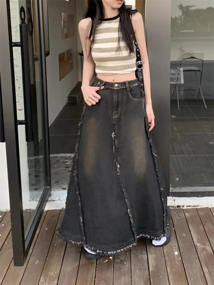 Korean Vintage Black Gray Denim Skirt for Women 2025 Autumn High Waist A-line Skirts Y2k E-Girl Mid-length Faldas Mujer