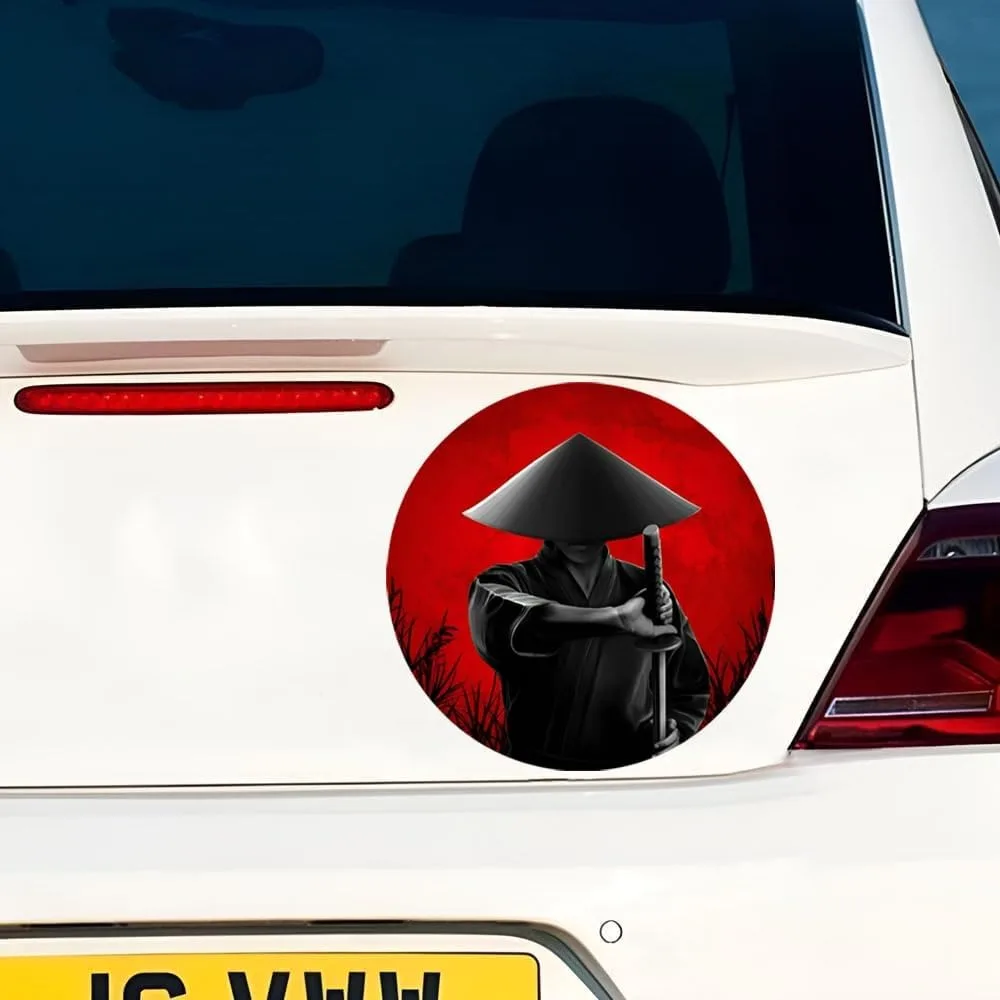 Anime Style Samurai Warrior Vinyl Decal 2Pcs Japanese Katana Sticker Red Sun Removable Self Adhesive for Car Laptop Helmet