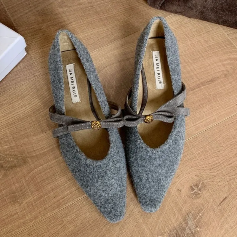 New Autumn Winter Brand Mary Jane Shoes Women Warm Low Heel Dress Shoes Bowknot Pointed Toe Elegant Women Shoes Zapatos De Mujer image 2