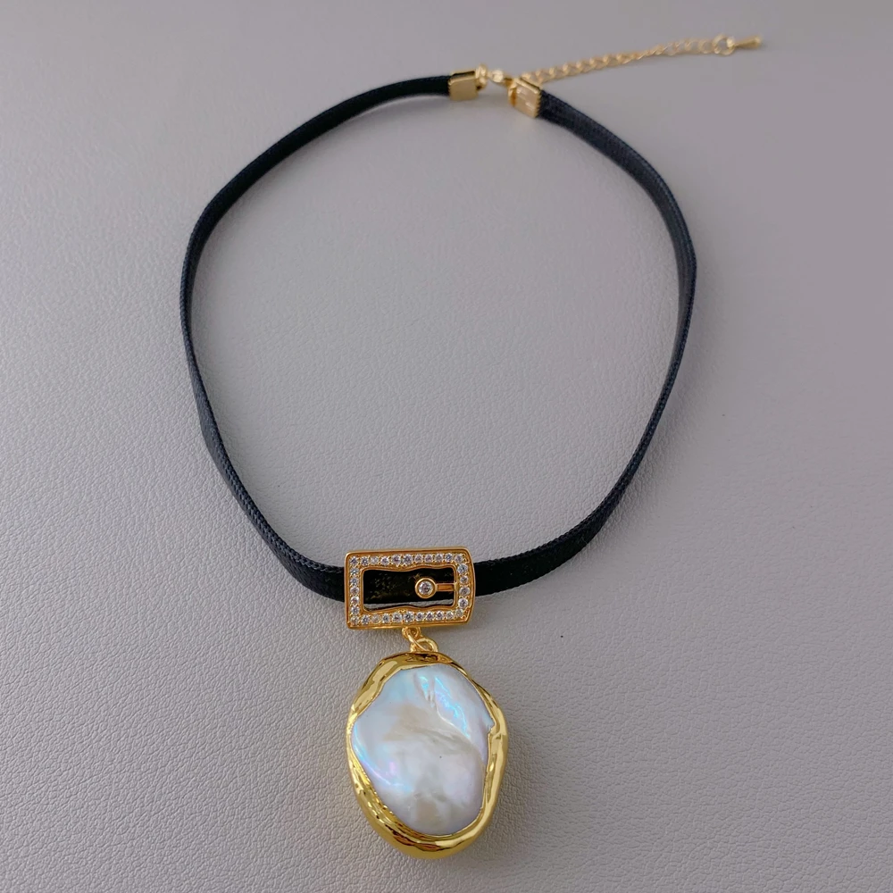

yygem cz pave charm Cultured White Baroque Pearl pendant Short Collar Women Necklace Leather Jewelry Bohemian