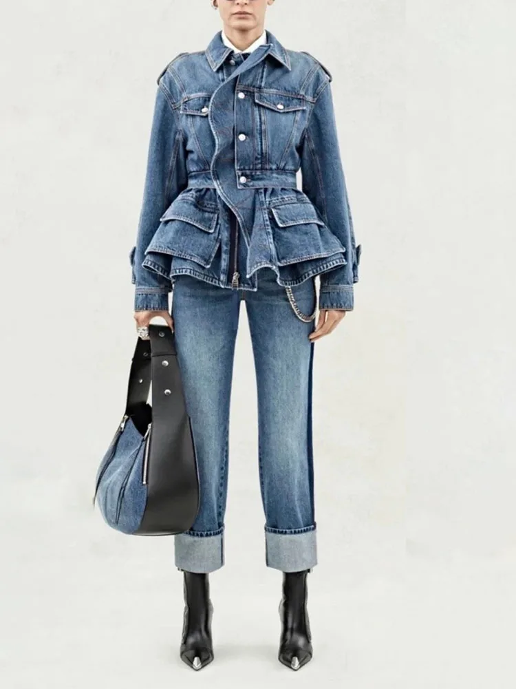 

short sets y2k spring/summer patchwork ruffle long sleeve cotton denim jacket 2024 casual straight denim two piece set for women