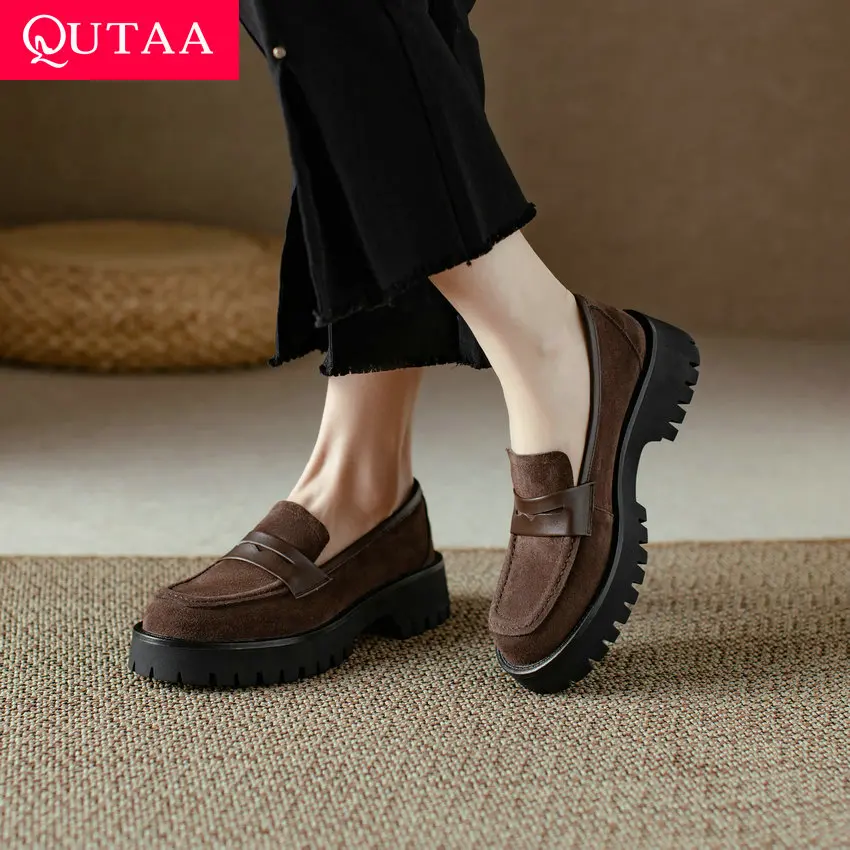 QUTAA 2023 Women Pumps Retro Style Genuine Leather Med Heel Loafers Shoes Woman Spring Summer Office Ladies Casual Size 34-39