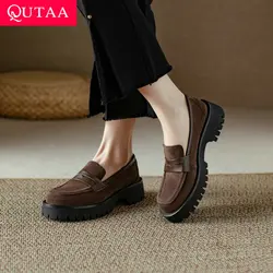 QUTAA 2023 kobiety pompy Retro Style prawdziwej skóry Med Heel buty wsuwane kobieta wiosna lato biurowa, damska rozmiar na co dzień 34-39