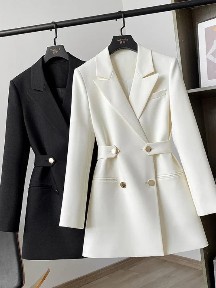 White Women‘s Suit Jacket Spring Fashion Chic Double Breasted Slim Suits with Belt Vintage Office Blazer for Women Elegant 2024