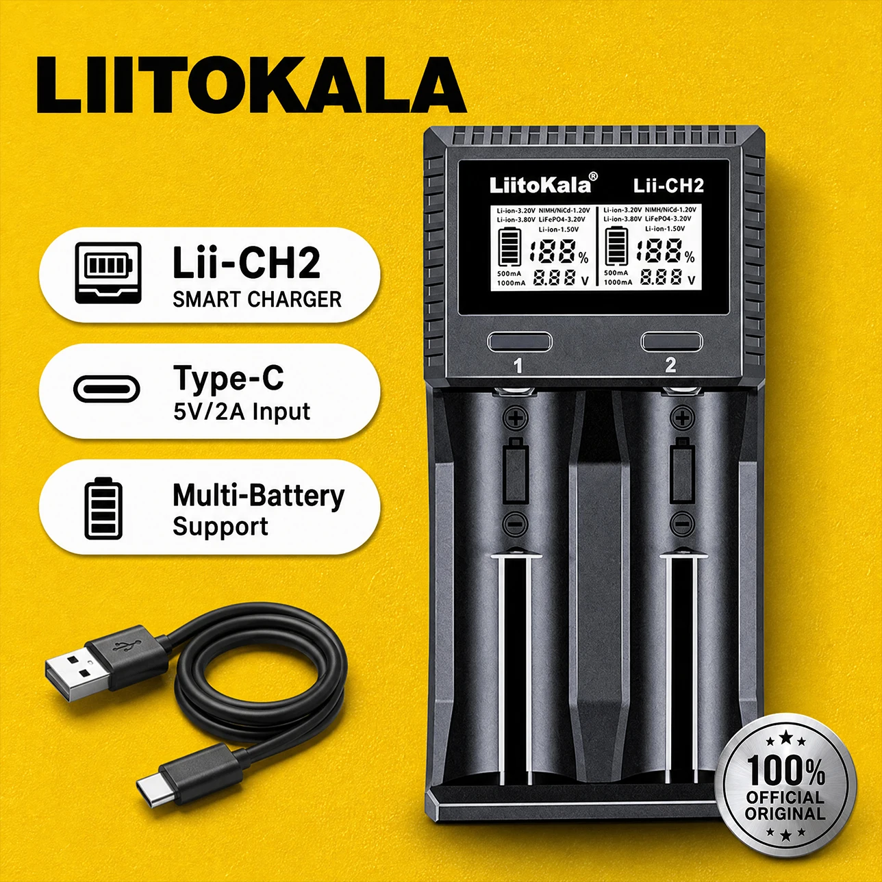LiitoKala CH2 Dual Slot Smart Battery Charger LCD Display for 18650 AA AAA 1.5V Liion 3.7V 3.8V LiFePO4 NiMH Rechargeable