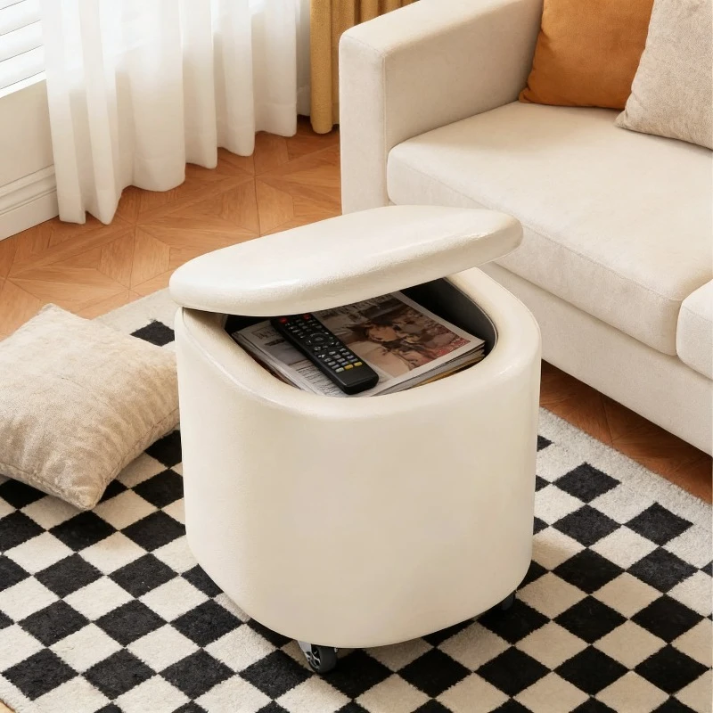 

Storage Leather Makeup Stool, Shoe Changing Living Room, Bedroom Storage Chair with Wheels, Movable Soft Bag, Solid Wood Stool