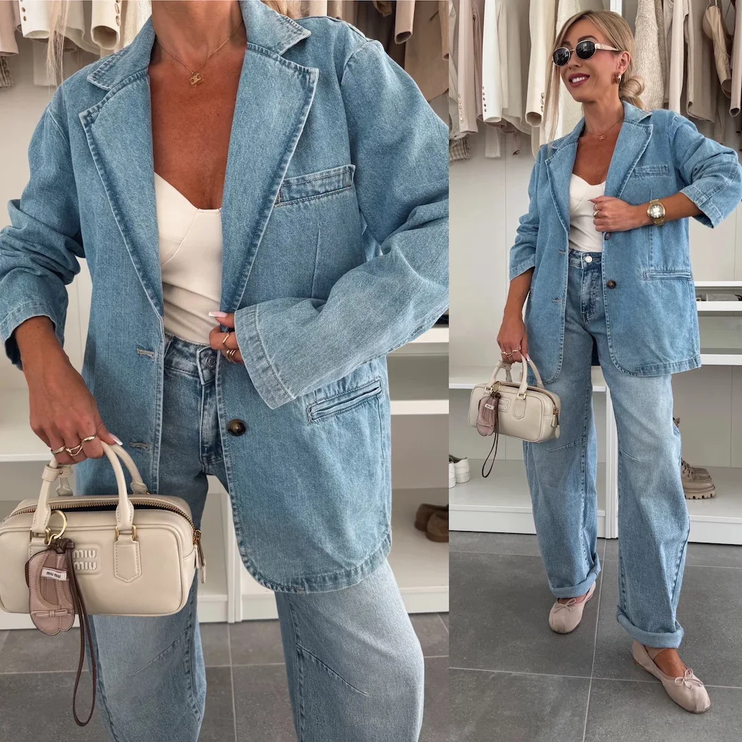 Denim Coats Women Coat Blazer Turn Down Collar Y2k Jackets Streetwear Elegant Loose Spring Casual Loose Open Stitch  Jacket