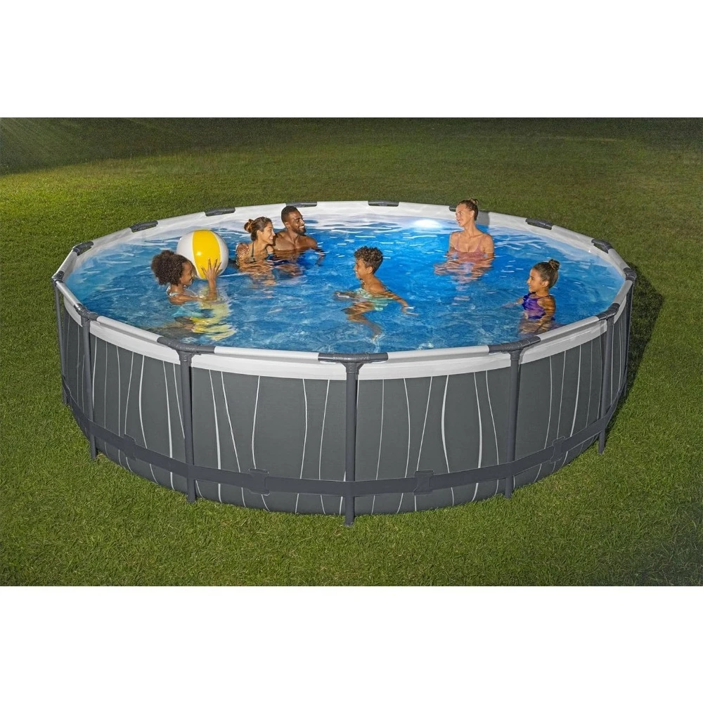 Juego de piscina redonda sobre el suelo de 15 "x 42", piscina familiar con estructura metálica para exteriores con bomba de filtro, escalera y cubierta