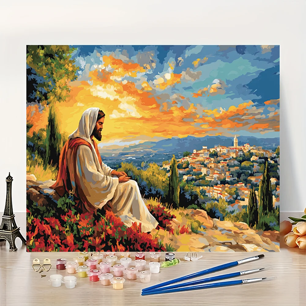 

Digital Oil Painting: Jesus' Watch Under the Sunset - Suitable for Beginners DIY Frameless, Relaxing Hobbies, Creative Gifts
