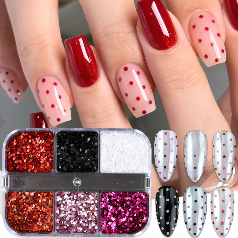 6 Grids Mini Polka Dot Nail Art Glitter Sequin Holographic Laser Pink Black White Red Circular Flakes DIY Manicure Decoration