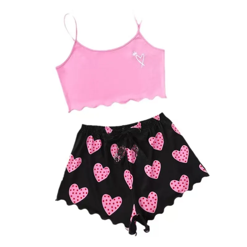 Women\'s Pajamas Set Sleepwear 2 PCS Short Tank Tops And Shorts S M L Pink Ventilate Soft Casual Love Print