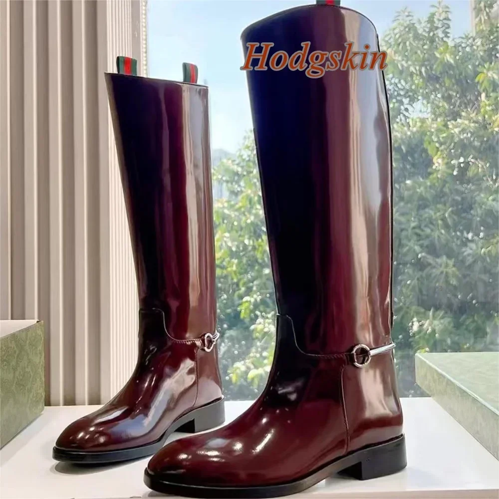 Solid Patent Leather Metal Boots Knee High Chunky Low Heel Slip On Round Toe Boots Fashion 2025 New Arrivals Casual Winter Boots