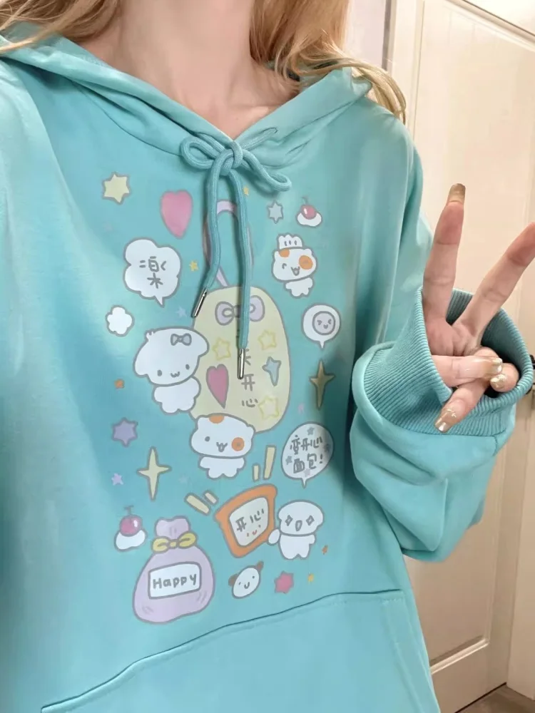 Japanese Mint Green Cute Cartoon Printed Hoodies Women Autumn Subculture Casual Loose Sweatshirt Preppy Style Teenage Kawaii Top