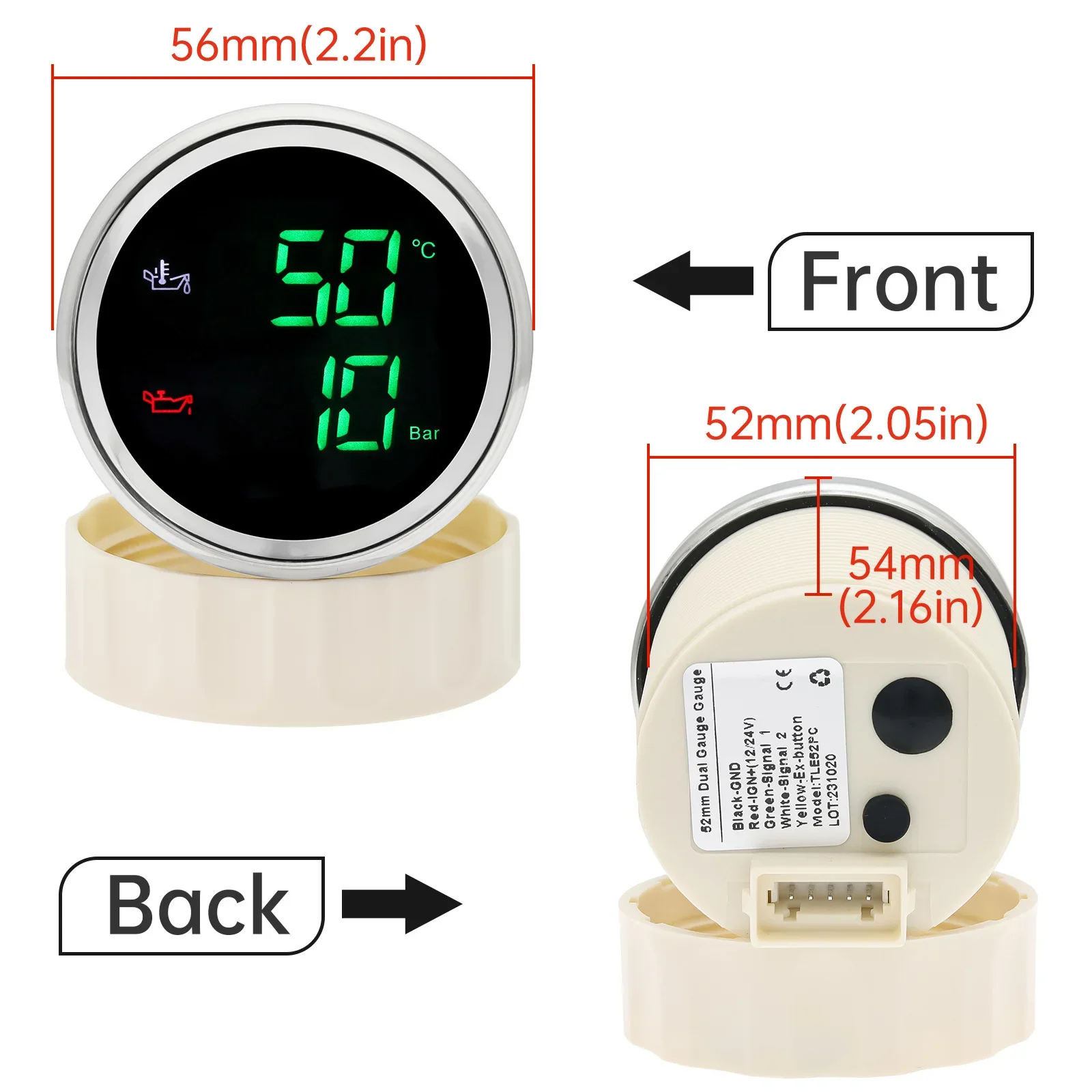 Digital 2 IN 1 Oil Temperature+Oil Pressure Gauge Green Red LED 52mm Gauge with Oil Press/Oil Temp Sensor for Car Boat 12V 24V