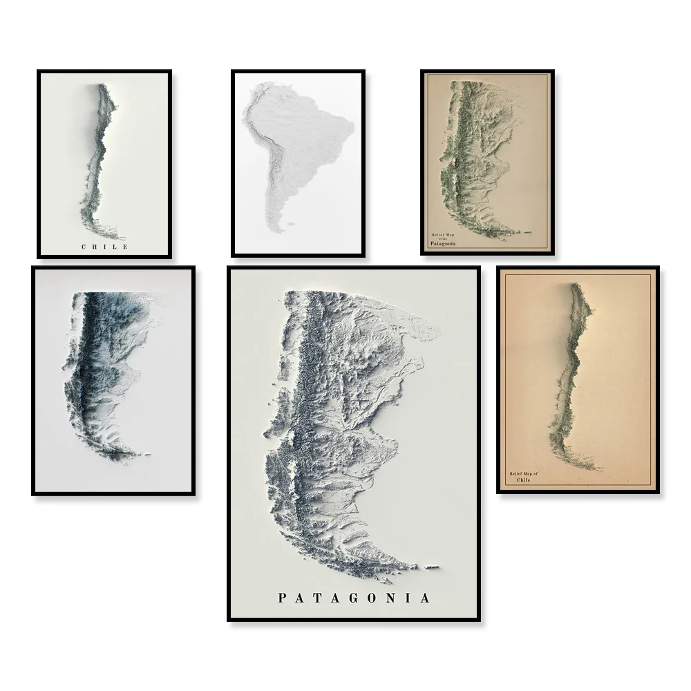 Mapa general de Sudamérica - Mapa topográfico de Chile y Argentina, Mapa de las Montañas Andes, Póster de Bariloche, Ushuaia