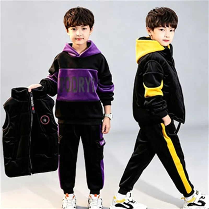 Boys Thicken Warm Sets Children Double-sided Velvet Hooded Suit Kids Autumn Winter Tops+Pants Outfits Teenager Casual Clothes