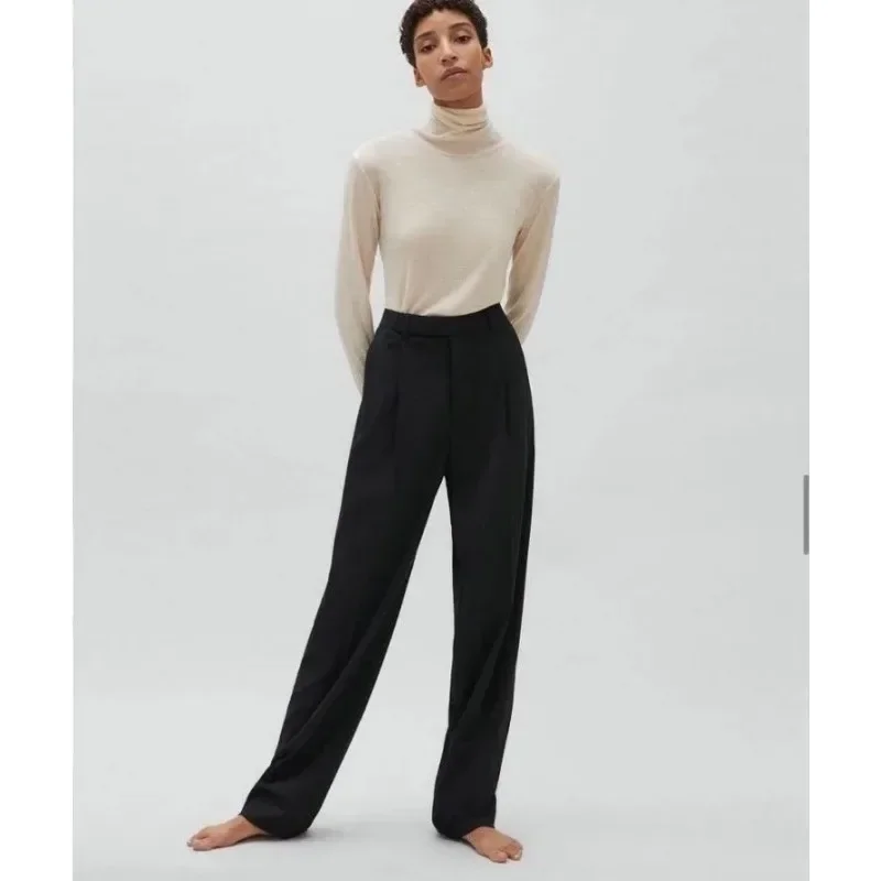 Filipp*K summer women pants straight wide leg solid color pocket high waist fasten button office lady casual