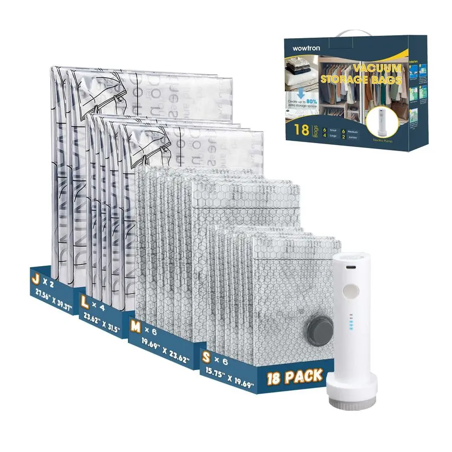 

Saver Vacuum Storage Bags with Electric Pump, 18 PCS 6S,6M,4L,2J Space Saver Vacuum Seal Bags for Clothing, Travel, Bedding, Bl