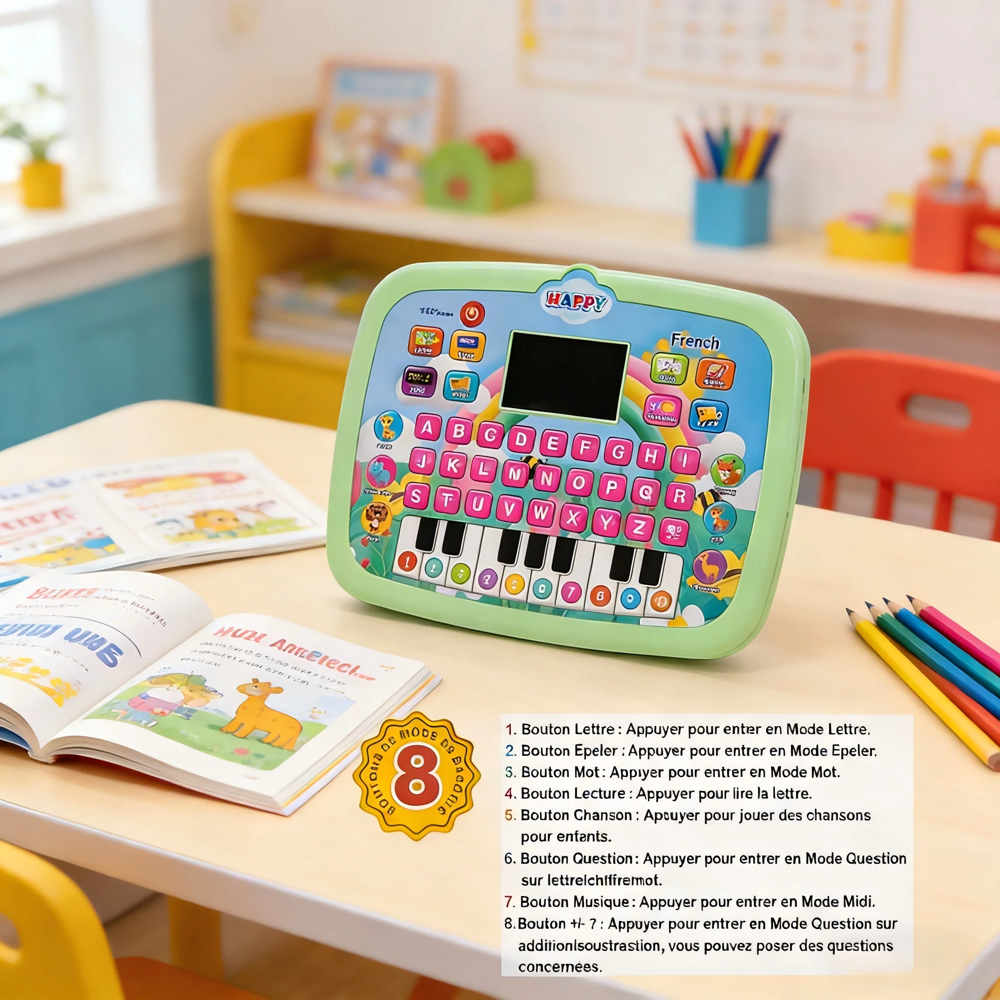 Tableta para niños francés y inglés, almohadilla educativa de aprendizaje para niños pequeños con pantalla LED, juguete de ordenador de desarrollo temprano para niños pequeños